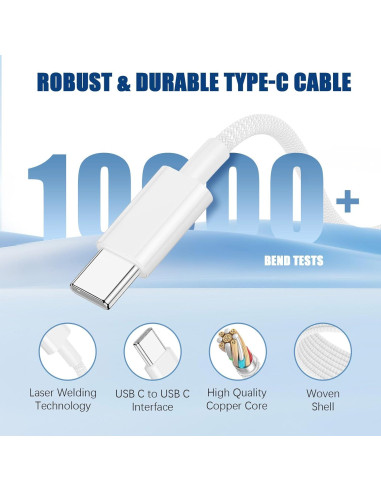 Cable USB C a C 3m QGRHO 60W Carga Rápida Blanco