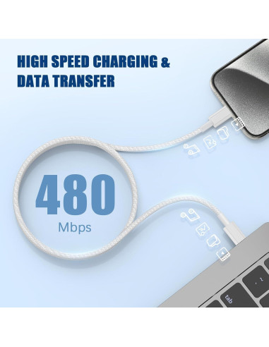 Cable USB C a C 3m QGRHO 60W Carga Rápida Blanco