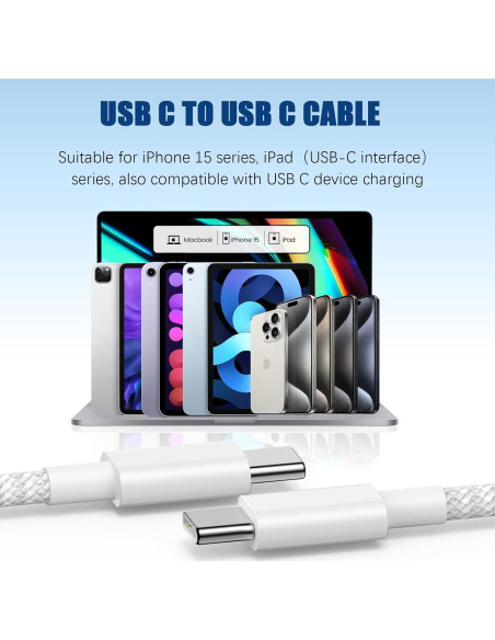 Cable USB C a C 3m QGRHO 60W Carga Rápida Blanco