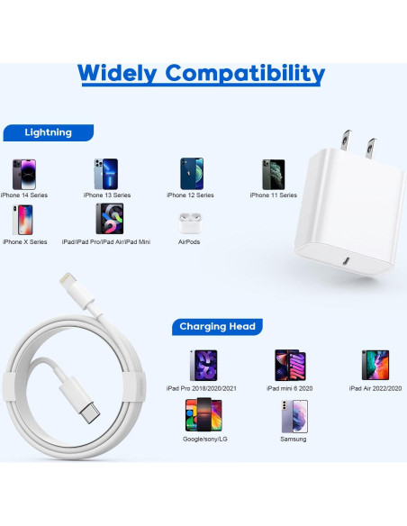 Cargador Rápido USB C para iPhone 2Pack 6FT 20W Blanco