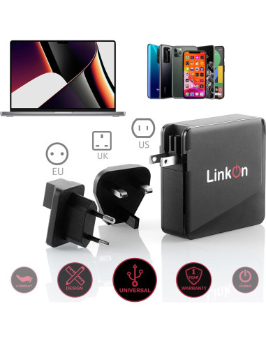 Cargador de Pared LinkOn Ganius 140W PD3.1 GaN USB-C y USB-A