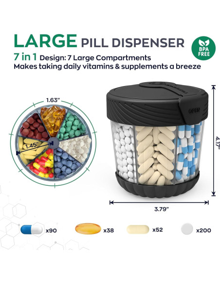 Dispensador de Pastillas HIONXMGA Grande Negro 7 Compartimentos