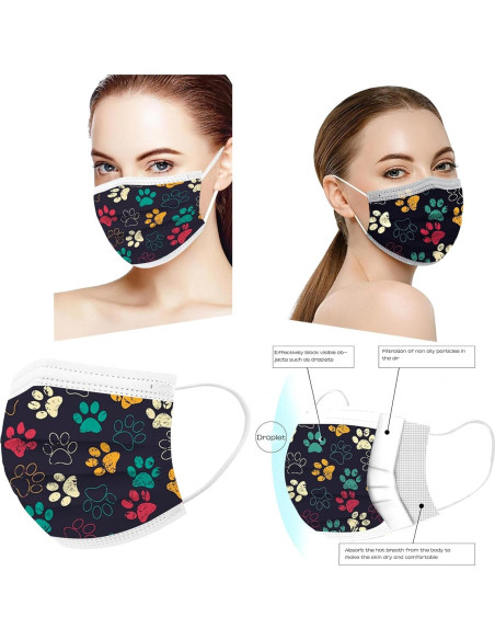 Mascarillas Desechables 50PCS Huella de Patas 3 Capas Adultos