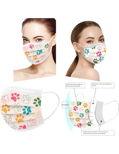 Mascarillas Desechables 50PCS Huella de Patas 3 Capas Adultos