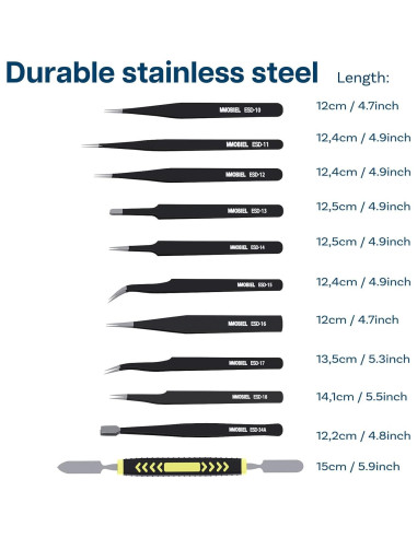 Juego de 10 Pinzas de Precisión ESD MMOBIEL con Estuche