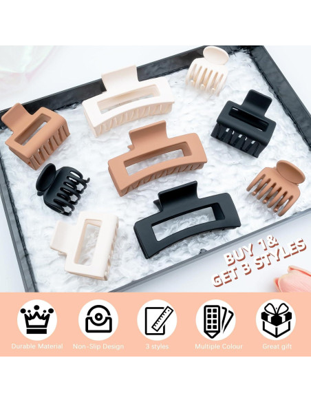 9 Clips de Cabello Mate GlowMyst - Grandes y Pequeños, Antideslizantes