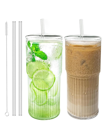 Juego de 2 Tazas de Vidrio Luiaiog 20 oz con Tapas y Popotes