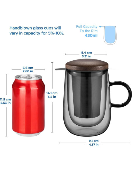 Taza Infusora de Té Glastal 430ml Vidrio Doble Pared con Tapa