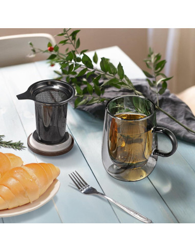 Taza Infusora de Té Glastal 430ml Vidrio Doble Pared con Tapa