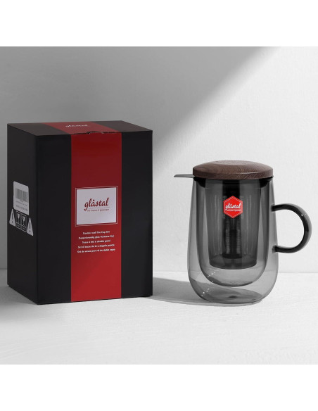 Taza Infusora de Té Glastal 430ml Vidrio Doble Pared con Tapa
