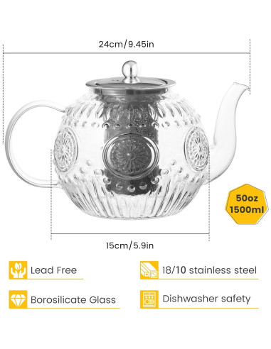 Tetera de Vidrio Borosilicato Amzcku 1500ml con Infusor