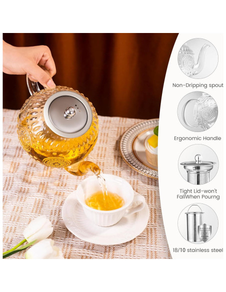 Tetera de Vidrio Borosilicato Amzcku 1500ml con Infusor
