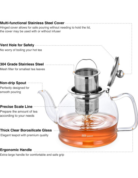 Tetera de vidrio STNTUS 1200 ml con infusor y colador