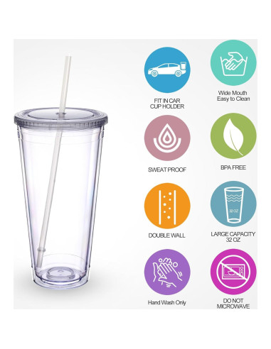 Vaso Acrílico Zukro 32 oz Doble Pared con Popote - 2 Unidades