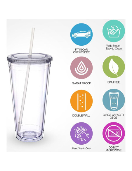 Vaso Acrílico Zukro 32 oz Doble Pared con Popote - 2 Unidades