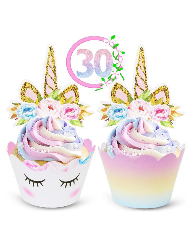 Decoraciones de Cupcakes Unicornio EcoZen - 30 Toppers y Fundas