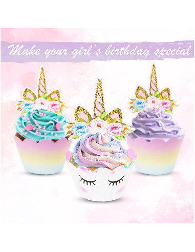 Decoraciones de Cupcakes Unicornio EcoZen - 30 Toppers y Fundas
