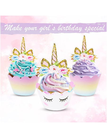 Decoraciones de Cupcakes Unicornio EcoZen - 30 Toppers y Fundas