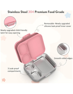 Caja Bento de Acero Inoxidable Howeemo Rosa 3 Compartimentos 2