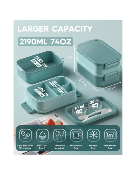 Caja de Almuerzo Bento KEMETHY Verde 3 Niveles 2190ml Hermética
