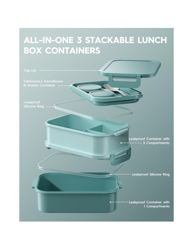 Caja de Almuerzo Bento KEMETHY Verde 3 Niveles 2190ml Hermética