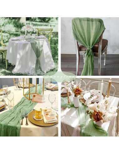12 Piezas Corredor de Mesa de Gasa Verde Salvia 89x305 cm