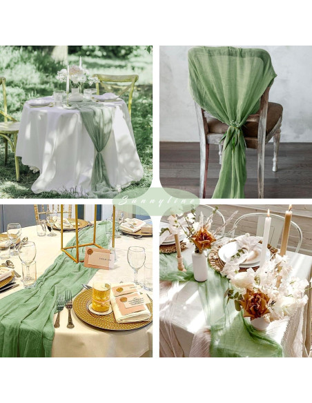 12 Piezas Corredor de Mesa de Gasa Verde Salvia 89x305 cm