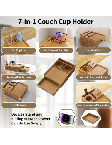 Bandeja de brazo de sofá SouStoCol de madera de acacia 7 en 1