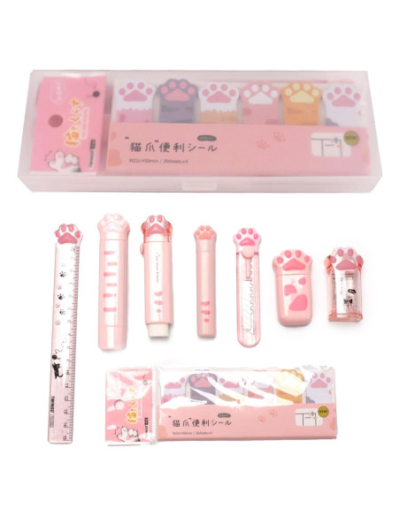 Juego de Papelería 9 Piezas SUEIANNMN Diseño Patita de Gato Rosa