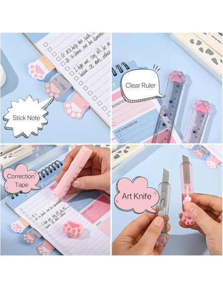 Juego de Papelería 9 Piezas SUEIANNMN Diseño Patita de Gato Rosa