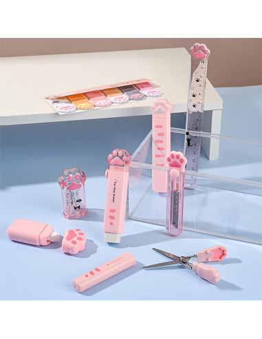 Juego de Papelería 9 Piezas SUEIANNMN Diseño Patita de Gato Rosa