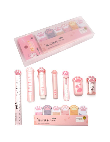 Juego de Papelería 9 Piezas SUEIANNMN Diseño Patita de Gato Rosa