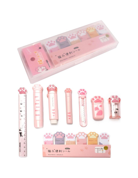 Juego de Papelería 9 Piezas SUEIANNMN Diseño Patita de Gato Rosa