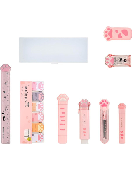 Juego de Papelería 9 Piezas SUEIANNMN Diseño Patita de Gato Rosa