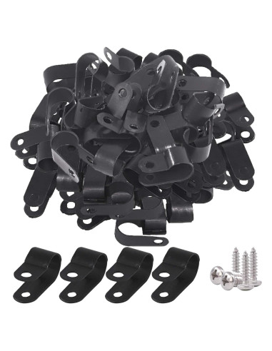 Kit 120 Clips de Cable Nylon Negro Glarks Tipo R 10mm con Tornillos