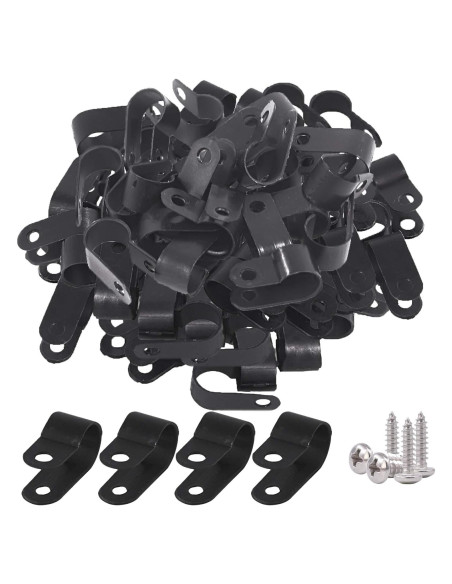 Kit 120 Clips de Cable Nylon Negro Glarks Tipo R 10mm con Tornillos