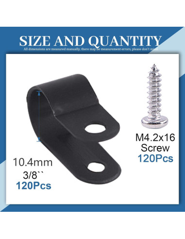 Kit 120 Clips de Cable Nylon Negro Glarks Tipo R 10mm con Tornillos