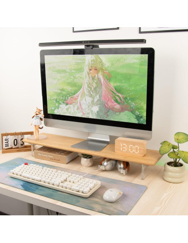 Soporte Elevador de Monitor ROCDEER de Bambú y Acrílico 80x20cm