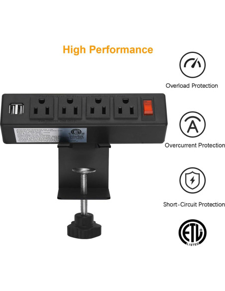 Toma de Corriente de Escritorio HHSOET 4 Salidas AC 2 USB 1.83m