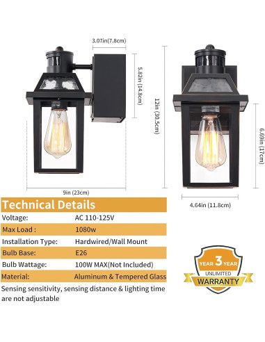 Luces de Porche YISURO con Sensor de Movimiento y Toma GFCI