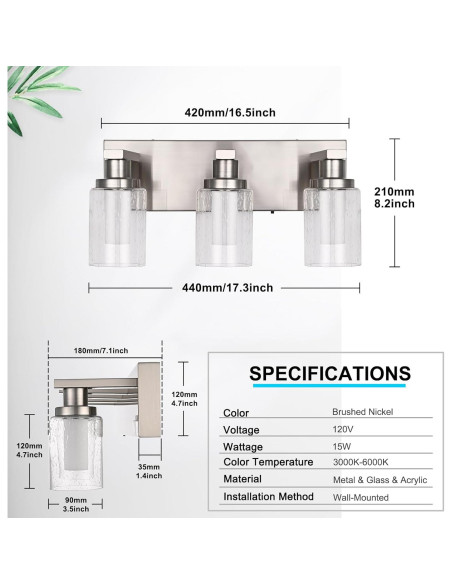 Luz de Espejo de Baño LED 3 Luces WINSHEN Níquel Cepillado