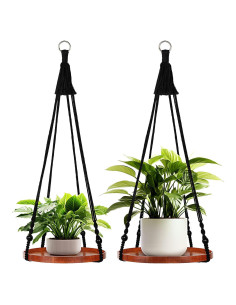 Soporte de Macramé E-KNOW para Plantas - 2 Estantes de Madera