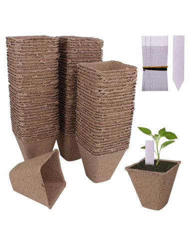 100 Macetas de Turba Biodegradables Huvai 8cm con Etiquetas
