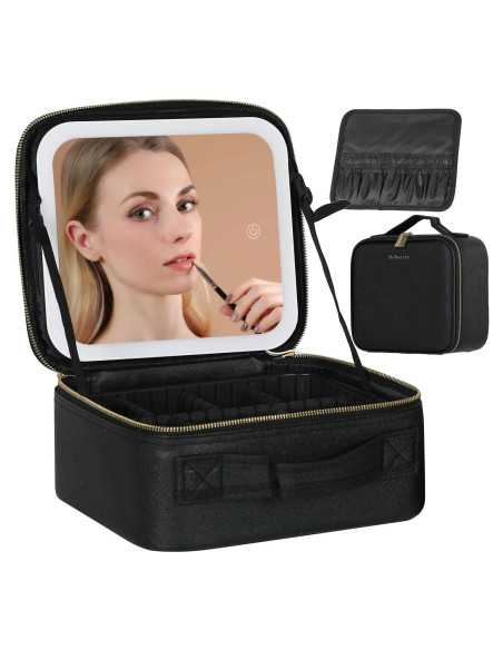 Bolsa de Maquillaje de Viaje Behaesty con Espejo LED Negro