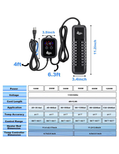 Calentador de Acuario AQQA 1200W con Controlador LED