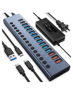 Hub USB 3.2 Alimentado VANGREE 17 Puertos 96W Carga Rápida