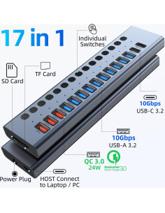 Hub USB 3.2 Alimentado VANGREE 17 Puertos 96W Carga Rápida 2
