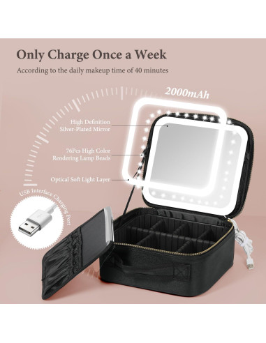 Bolsa de Maquillaje de Viaje Behaesty con Espejo LED Negro