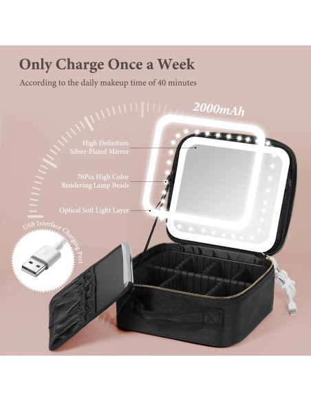 Bolsa de Maquillaje de Viaje Behaesty con Espejo LED Negro