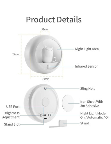 Luz Nocturna con Sensor de Movimiento Melaus USB Recargable 4000K
